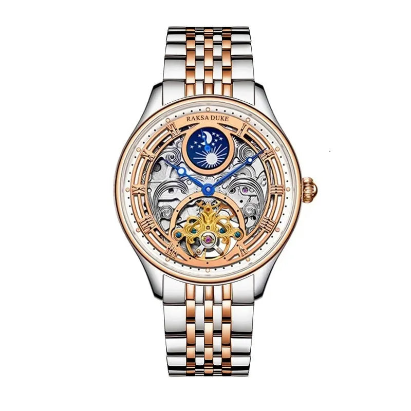 Men's business waterproof watch with a steel strap in rose gold or white steel finish, showing the Duke Rosa dial.