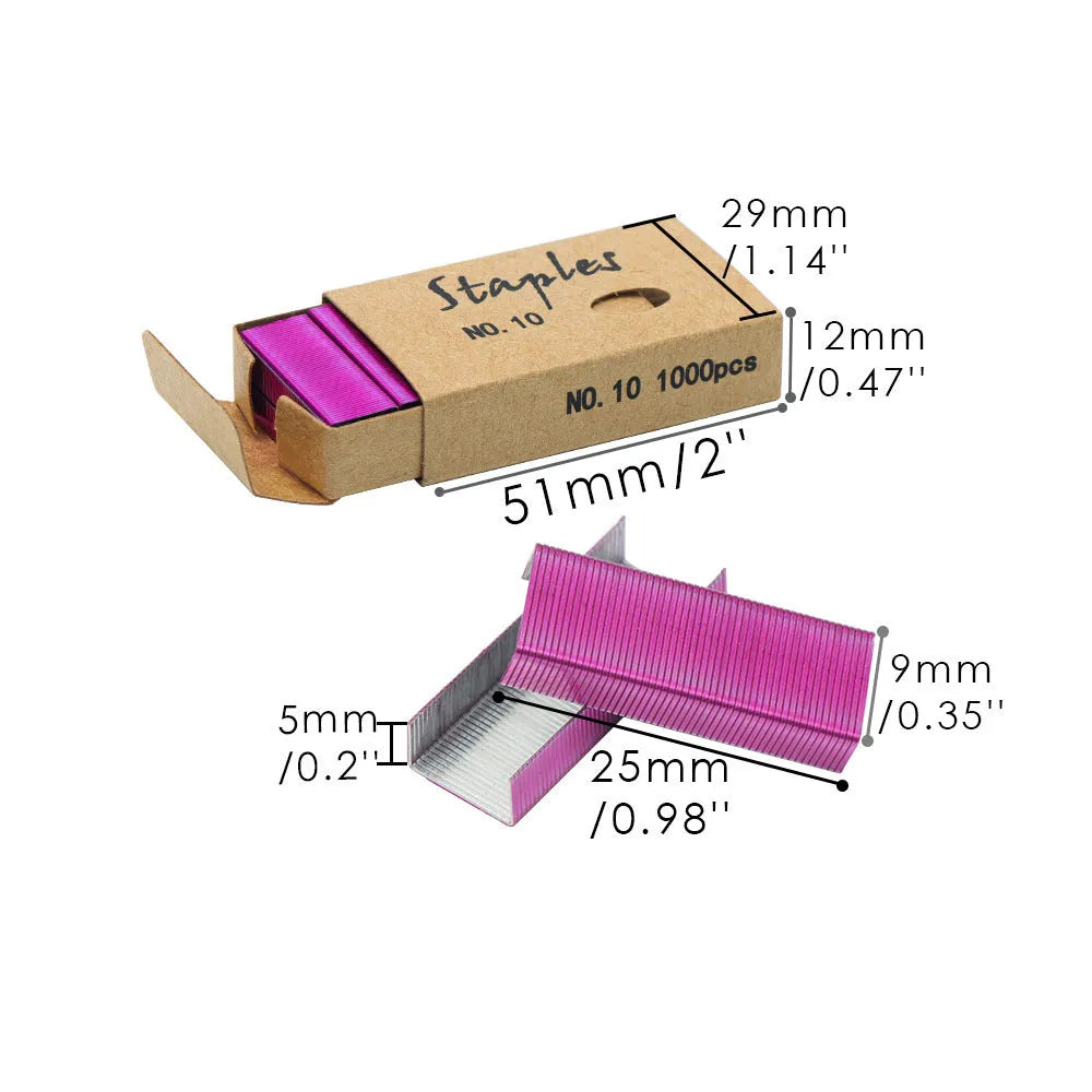 Box of 1000 metal stitching needles in rose gold, black, purple, and rose red colours for office use