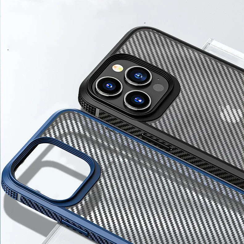 Black and blue anti-fall TPU+PC phone cases for iPhone 13 series with carbon fibre pattern.