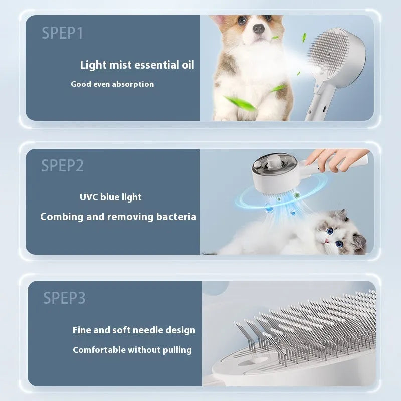 Ceramic White pet grooming brush with UVC light, mist spray nozzle, and soft needle head for dogs and cats.