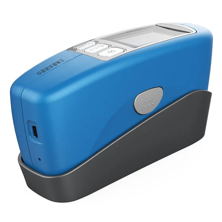 Portable glossiness tester with ceramic calibration stone showing measurement angles