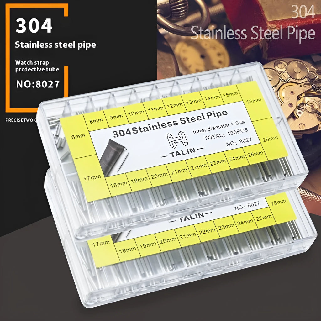 Set of 120 metal ear protection tubes in protective tube colour for earplug storage