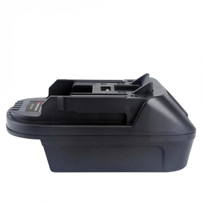 Black Milwaukee DM18M to Makita H99F battery adapter measuring 125x90x65mm