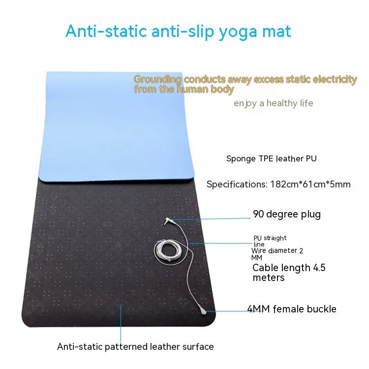 Blue conductive yoga mat with plant pattern and grounding wire, dimensions 182cm by 61cm.