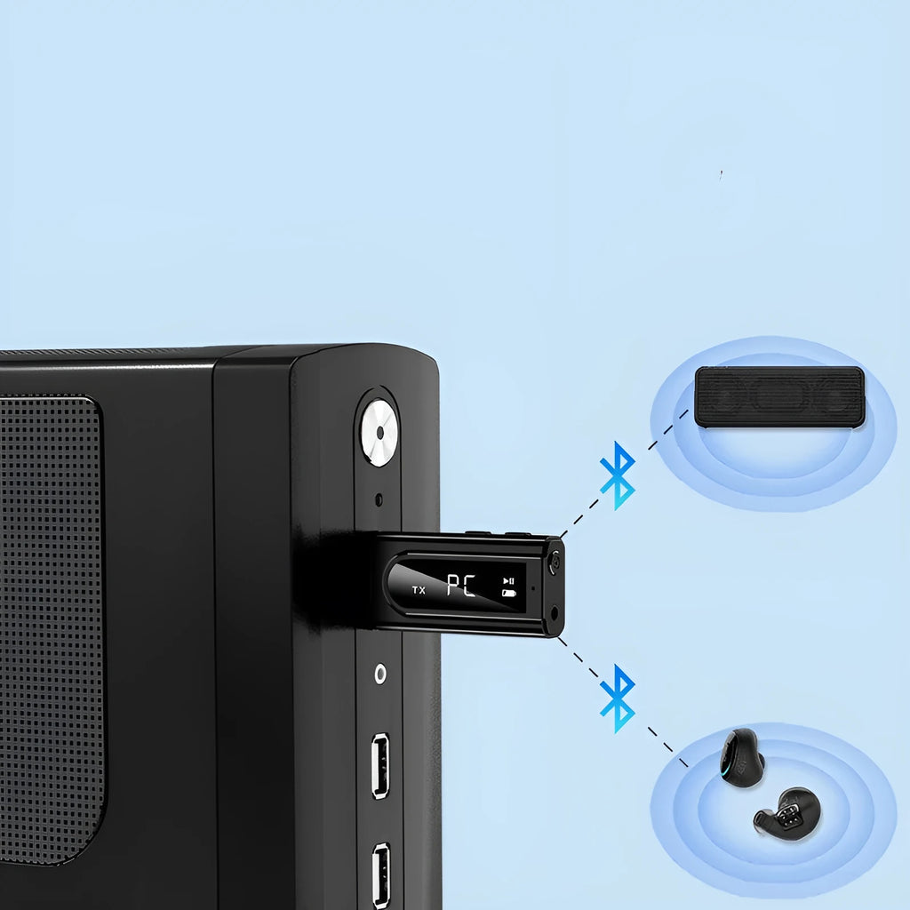 Black USB car FM Bluetooth receiver for wireless music streaming with USB and AUX input ports