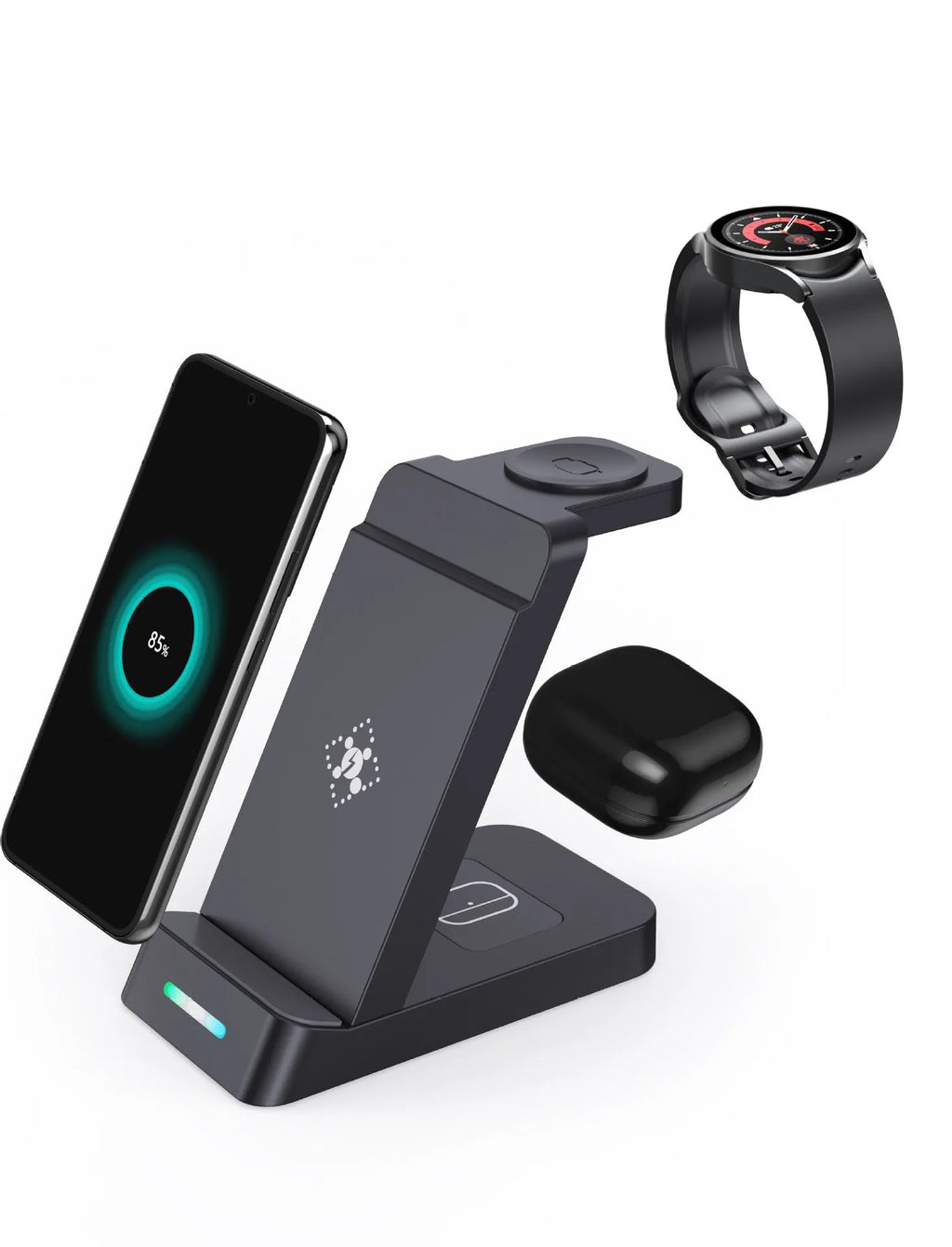 Black 3-in-1 wireless charging station holding a phone, AirPods case, and Apple Watch on its charging pads.