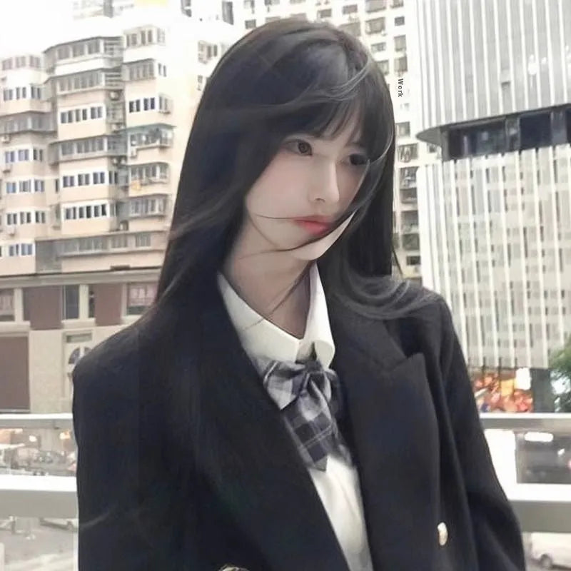 Black long straight wig with bangs made from high temperature fibre material