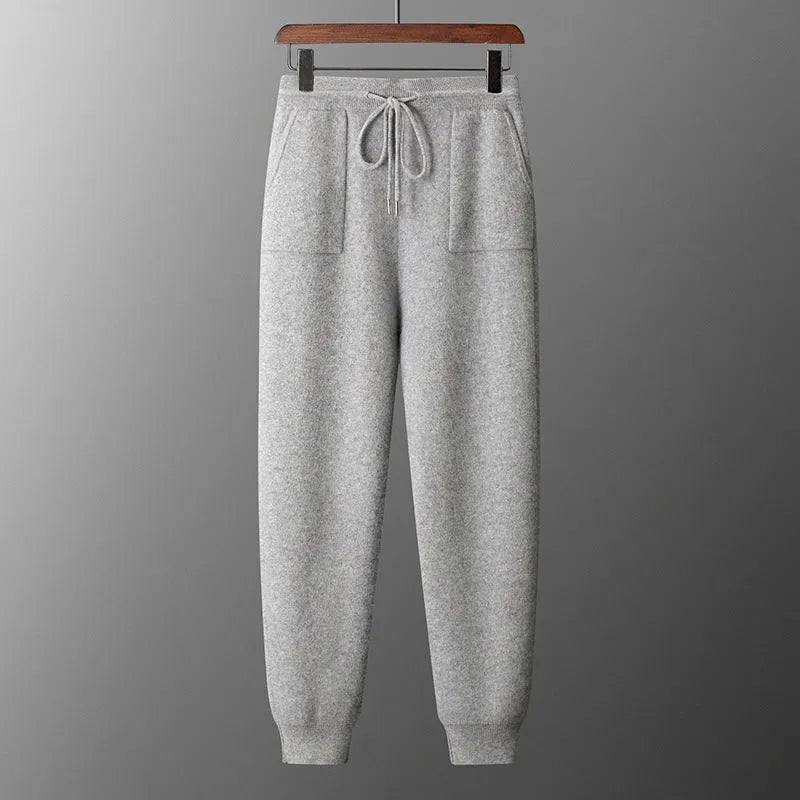 Men's light grey cashmere hooded sweatshirt and matching trousers set for winter leisure wear