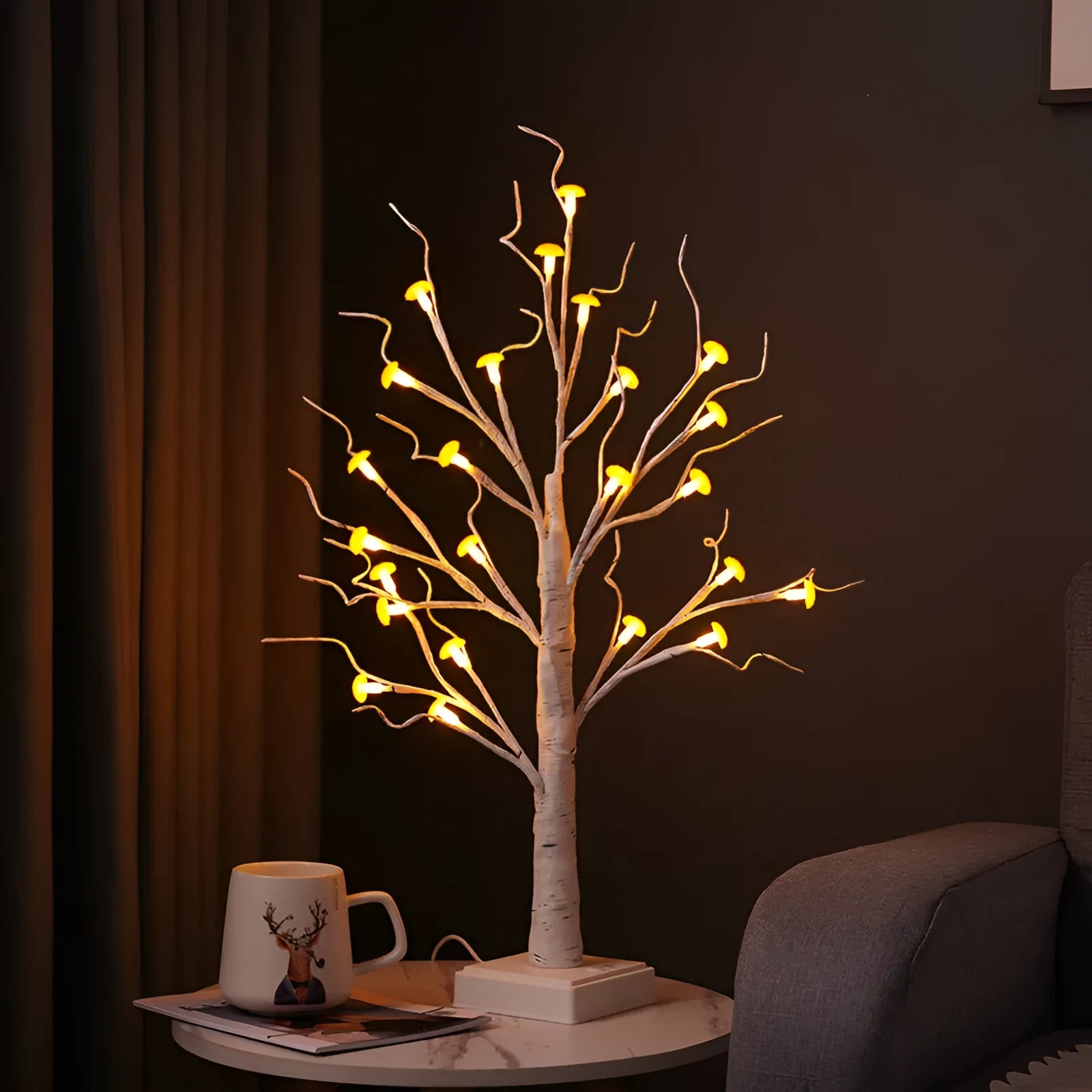 60cm mushroom tree LED lamp with 24 warm lights on birch branches