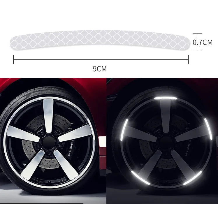 20-piece wheel hub reflective stickers in multiple colours including fluorescent, rainbow, and luminous options