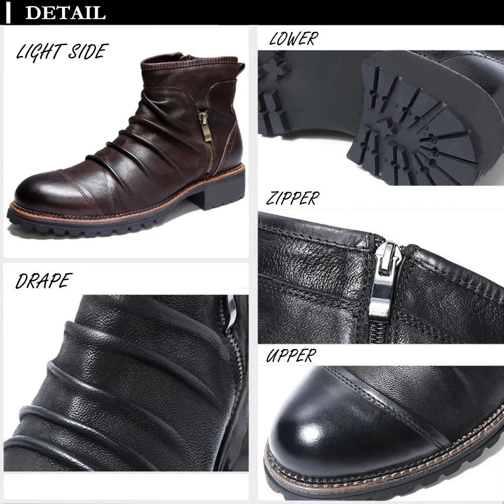 Men's black cowboy boots with side zipper, embossed texture, round toe, and a medium horseshoe heel.