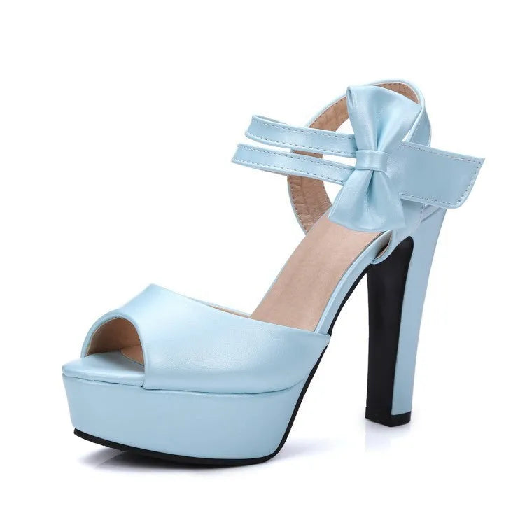 Block heel super high heel sandals with bow detail in beige, fish mouth toe and thick rubber sole