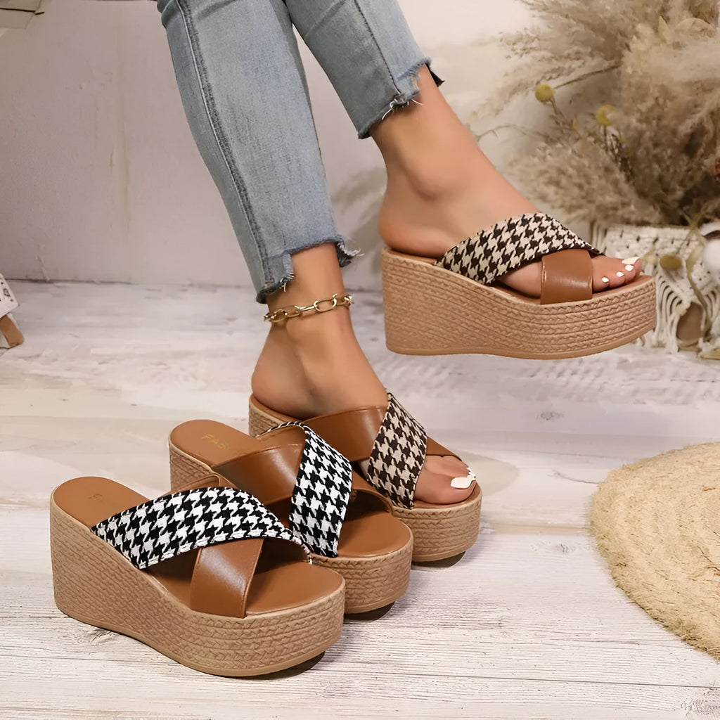 Brown and black plaid wedge sandals with cross leopard pattern and rubber soles