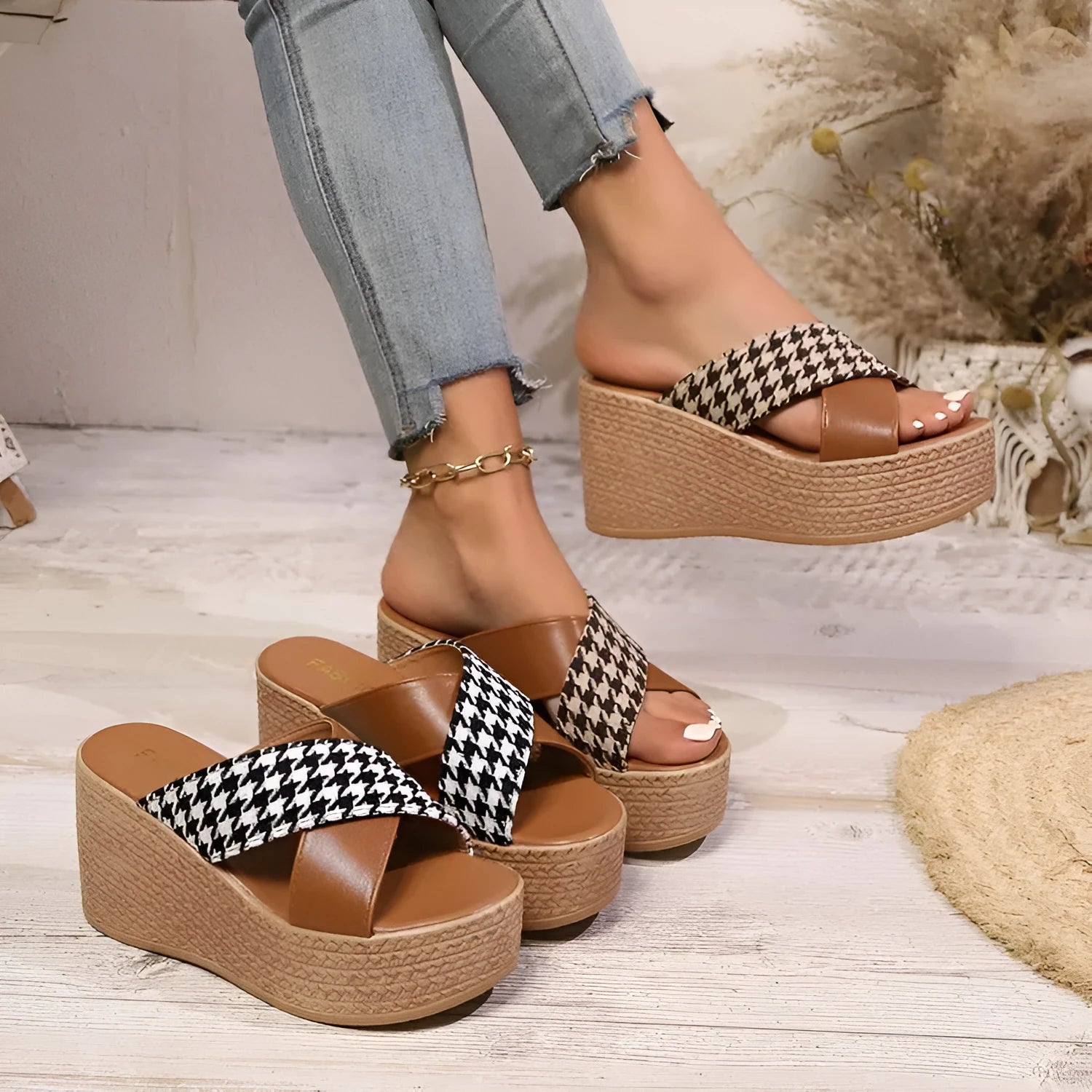 Brown and black plaid wedge sandals with cross leopard pattern and rubber soles