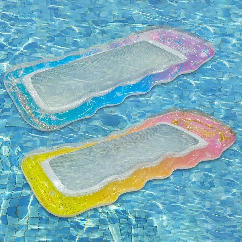 Inflatable floating row with wave sequin designs and canopy options in various colours