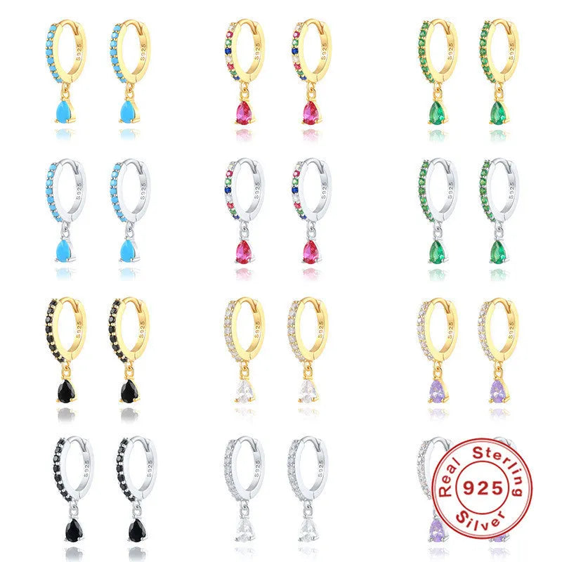 S925 sterling silver water drop shaped earrings with geometric design and stone accents.