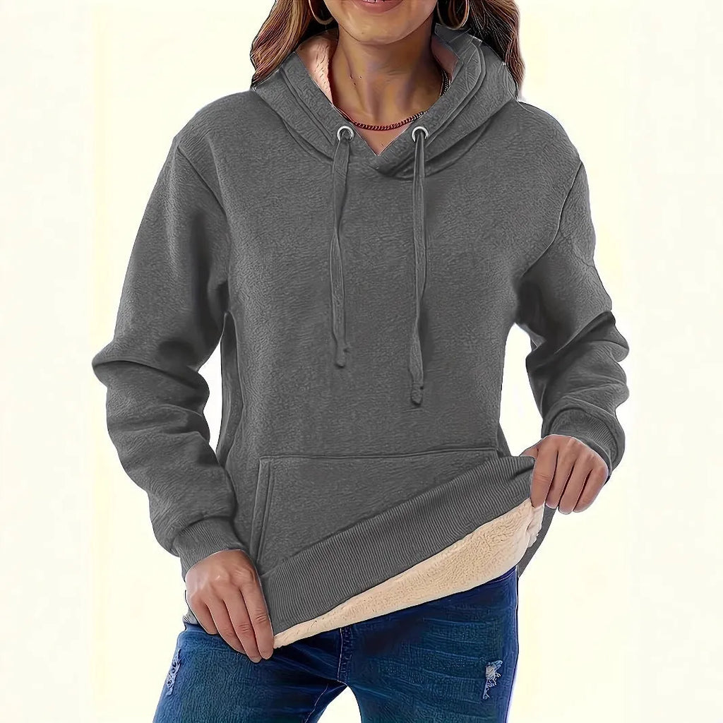 Women's thick polyester hooded sweater in wine red with a 3D pattern, hood, and front pockets.