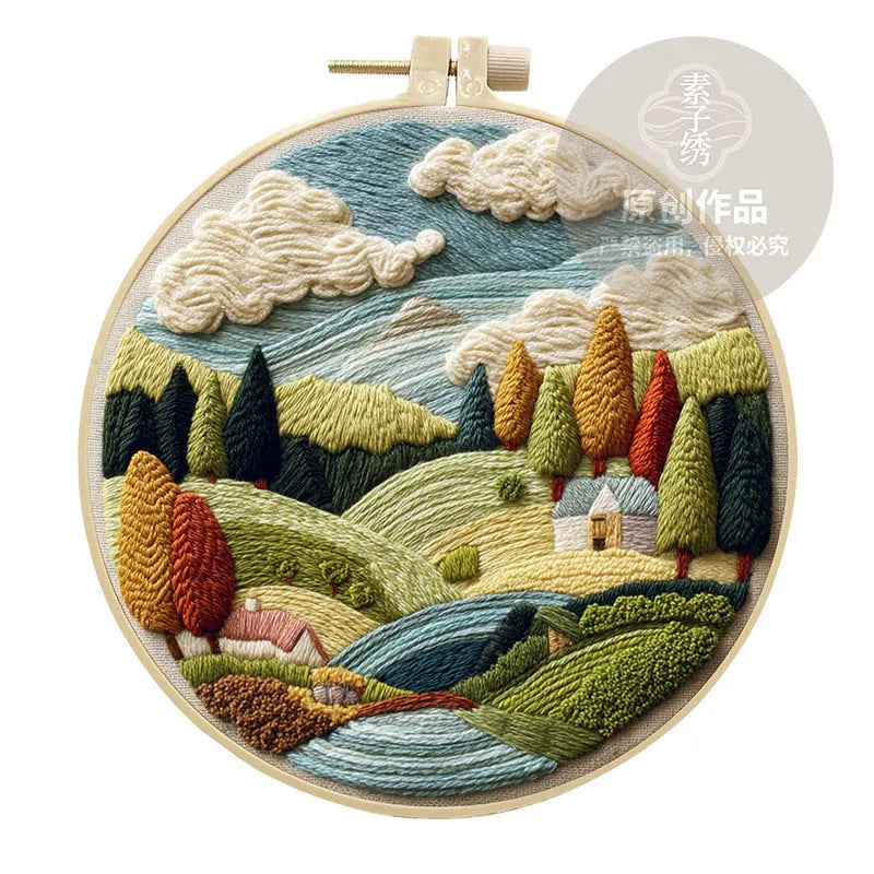 Landscape embroidery DIY kit with printed cotton fabric, bamboo frame, embroidery thread and needles