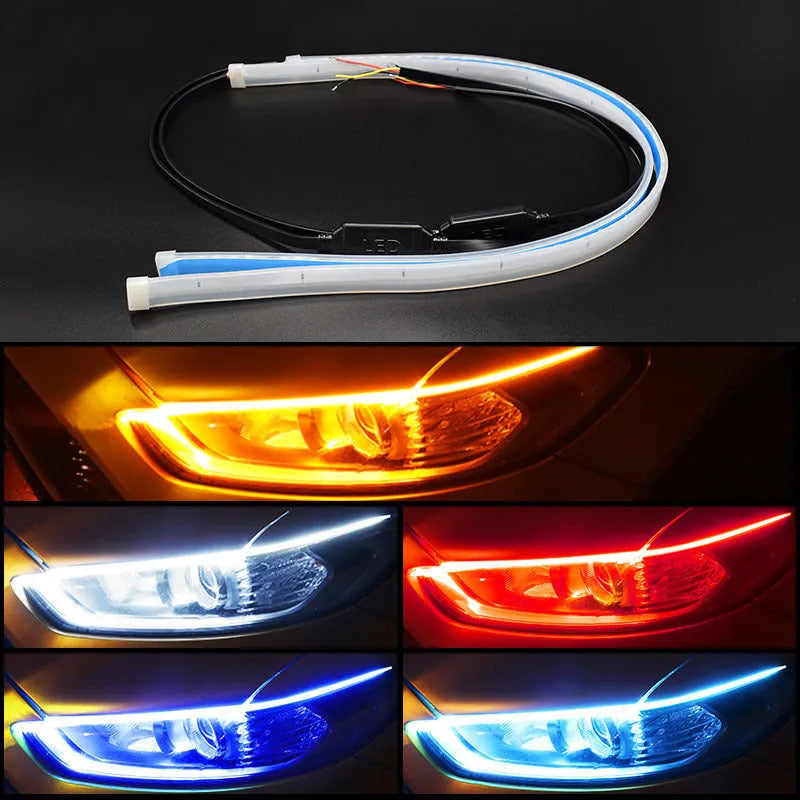 Car LED daytime running light strip with flowing turn signal function in silicone housing