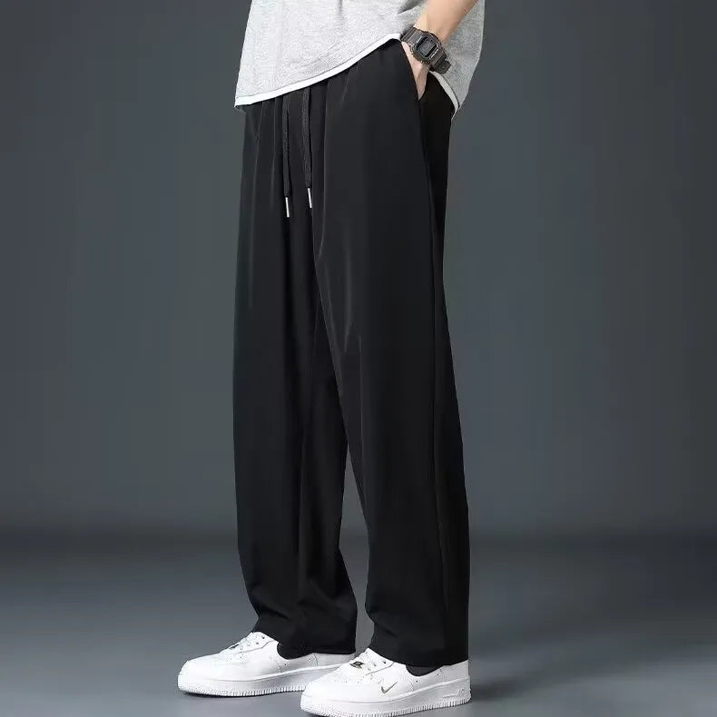Men's ice silk summer thin high street drooping straight wide leg pants in khaki colour showing full-length relaxed fit