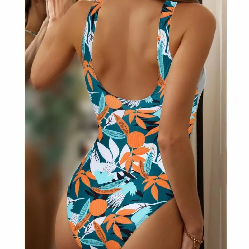 Women's high waist one-piece swimsuit with printed pattern in quick-drying polyester fabric