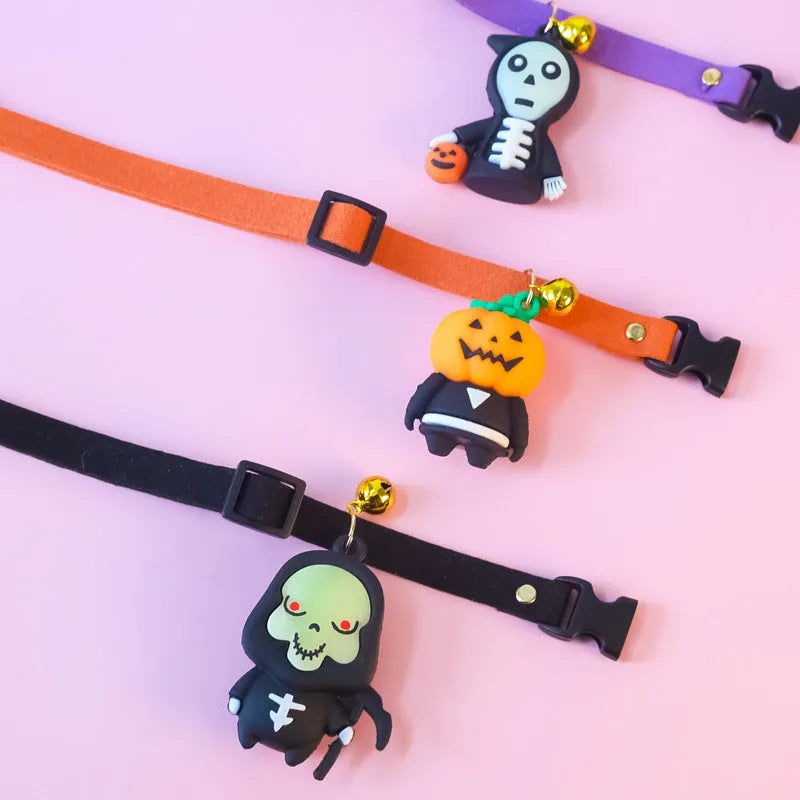 Halloween pet collar decoration in polyester showing cartoon patterns of Pumpkin Man, luminous brat, and luminous skull with four size options.