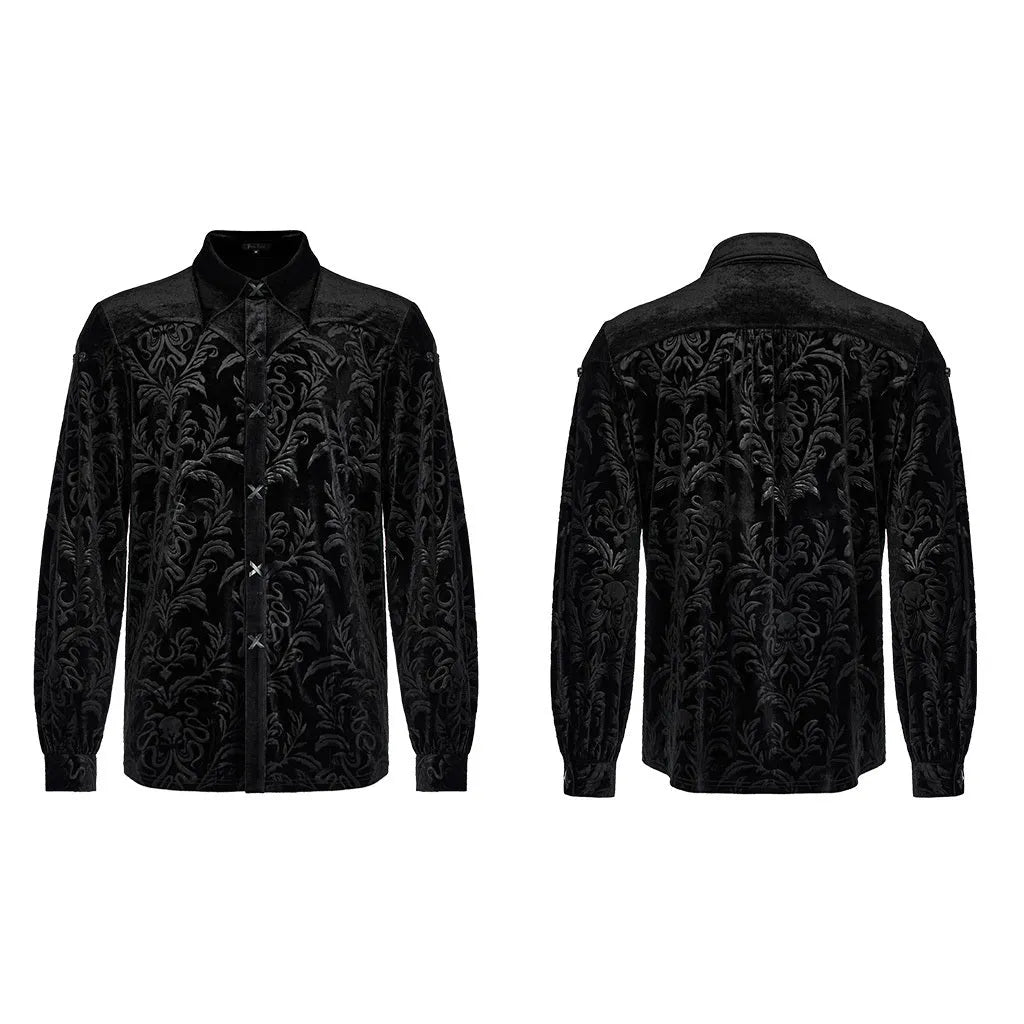 Black Gothic style men's velvet shirt with pointed collar and decorative flocking details