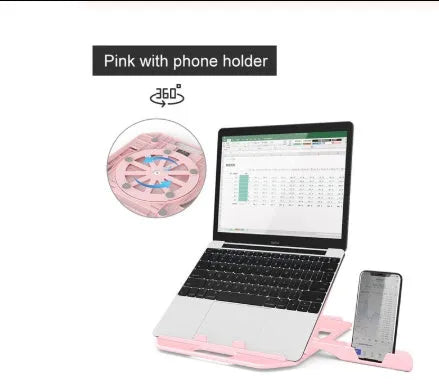Adjustable folding laptop stand with phone holder in black, 28 cm width, plastic construction with hollow heat dissipation