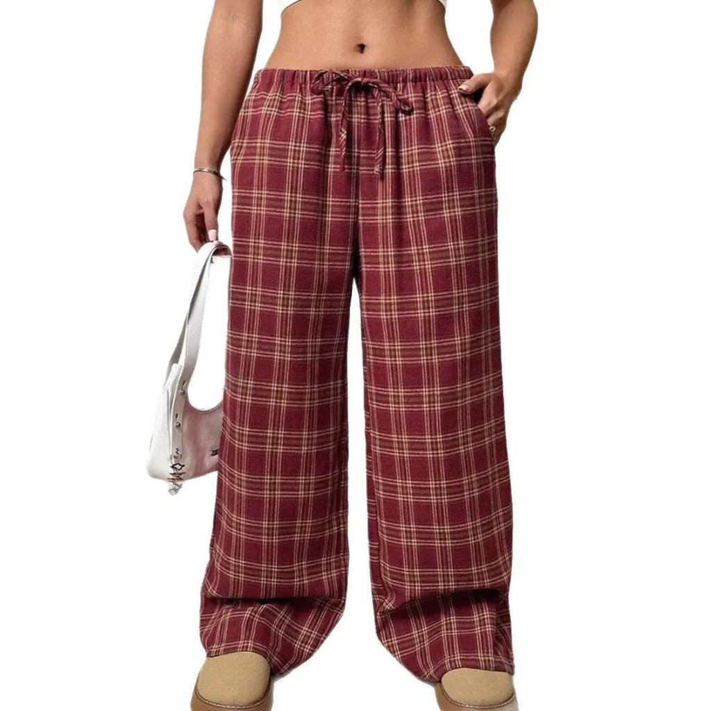 Blue plaid pocket on women's loose-fit casual trousers with a drawstring waistband.