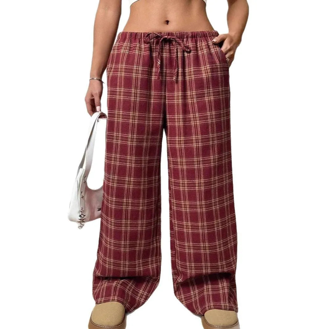 Blue plaid pocket on women's loose-fit casual trousers with a drawstring waistband.