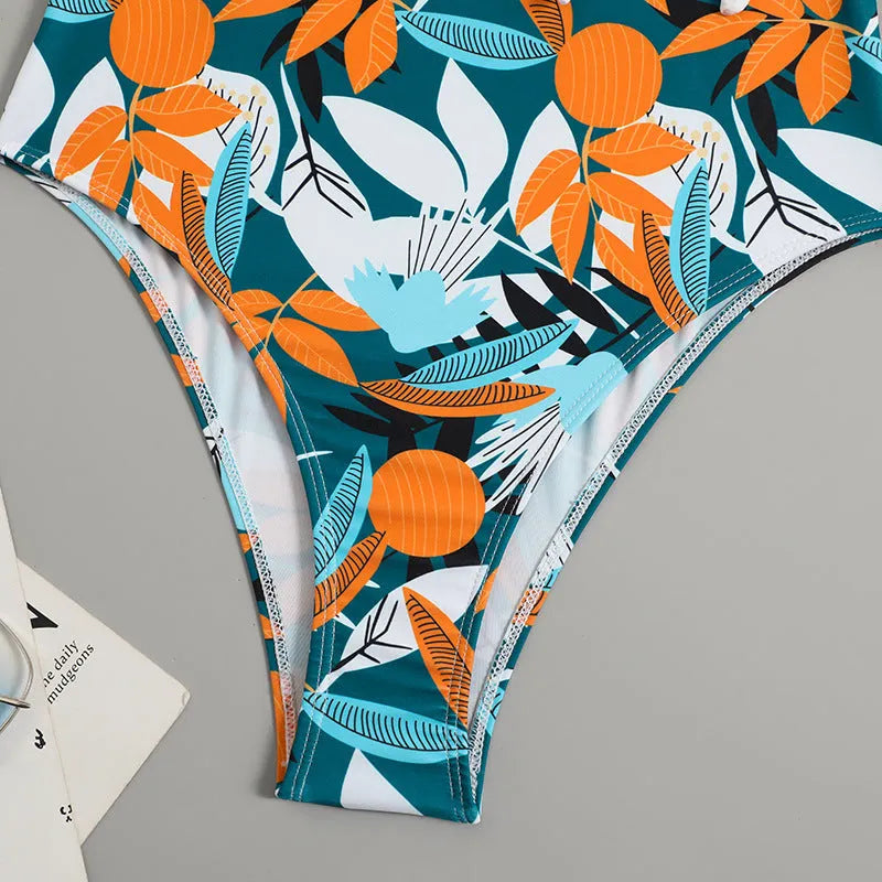 Women's high waist one-piece swimsuit with printed pattern in quick-drying polyester fabric