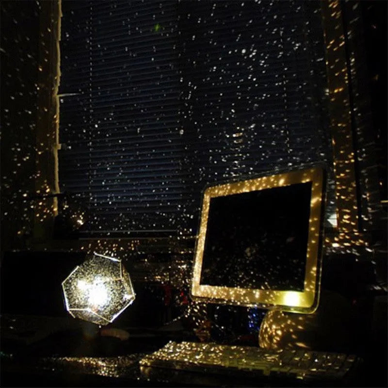 LED starry sky projector night light projecting constellations on a bedroom ceiling with remote control.