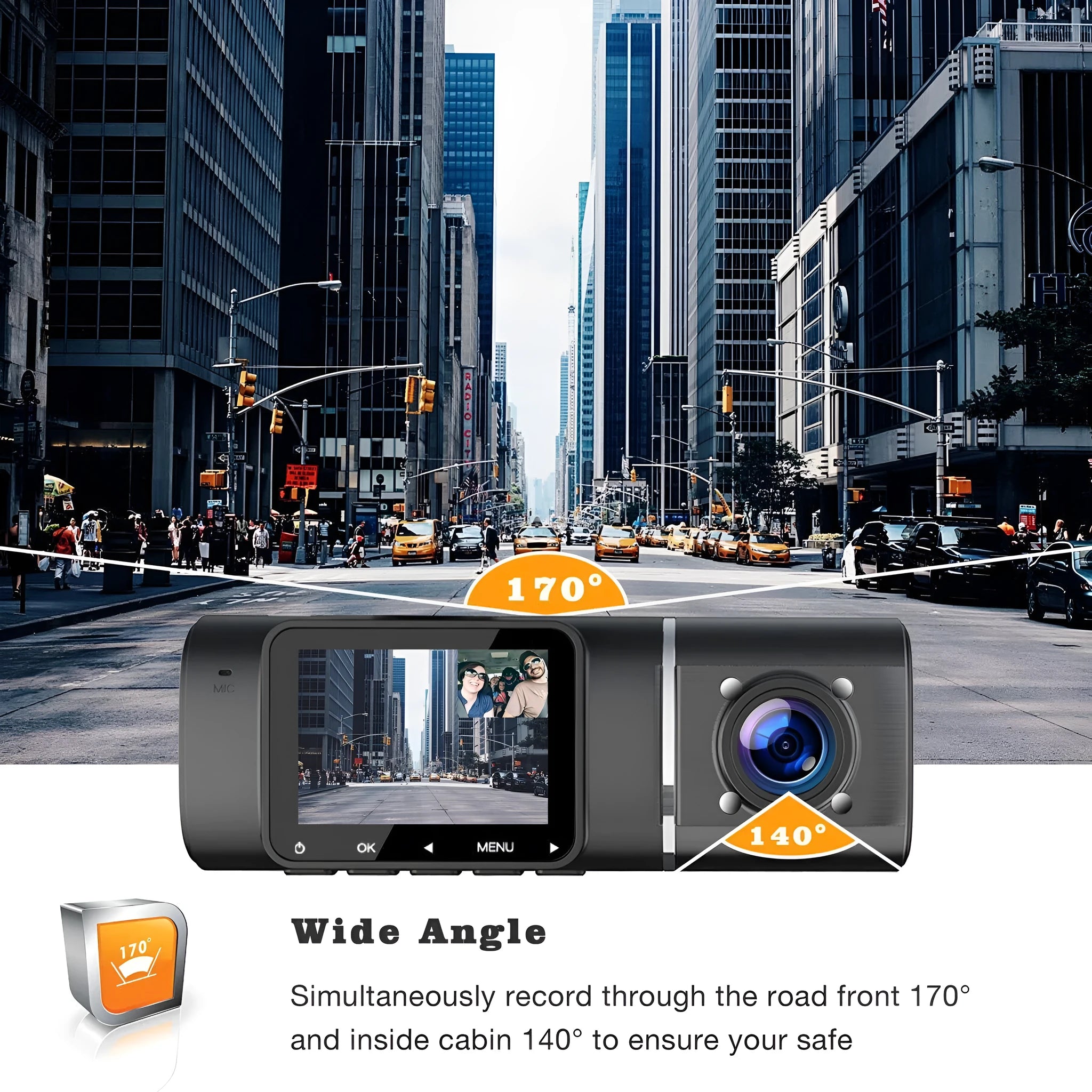 Standard black 1080p dash cam with 1.5-inch screen shown with car charger and mounting stand.