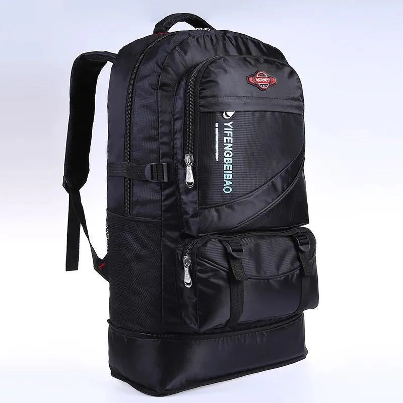 Men's simple outdoor sports large-capacity nylon backpack in black, with 56-75L capacity and dimensions 17x37x64 cm