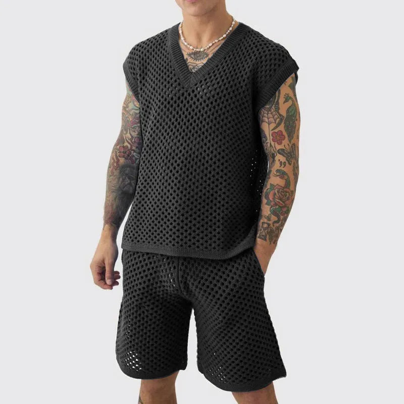 Men's blue cotton polyester vest shorts set for sports with v-neck sleeveless top
