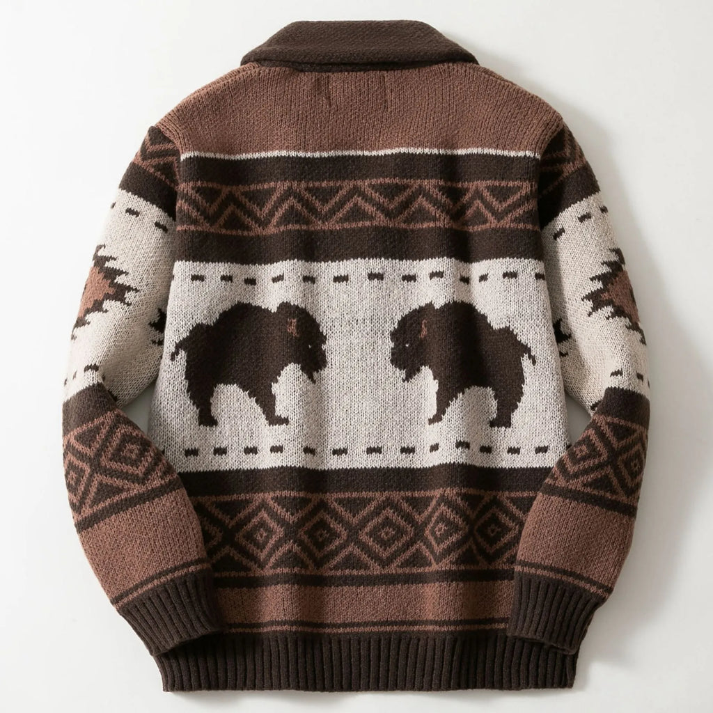 Men's brown retro jacquard knit thickened deer fleece cardigan with long sleeves