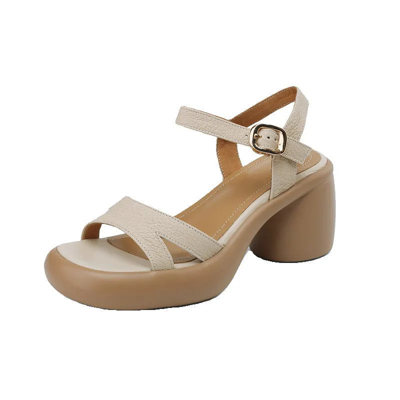 Women's open toe platform sandals in apricot colour with round toe holder and rubber sole