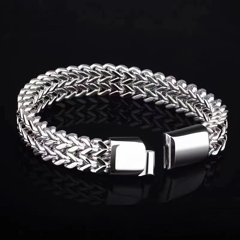 Silver titanium steel geometric men's bracelet showing front and back simple design