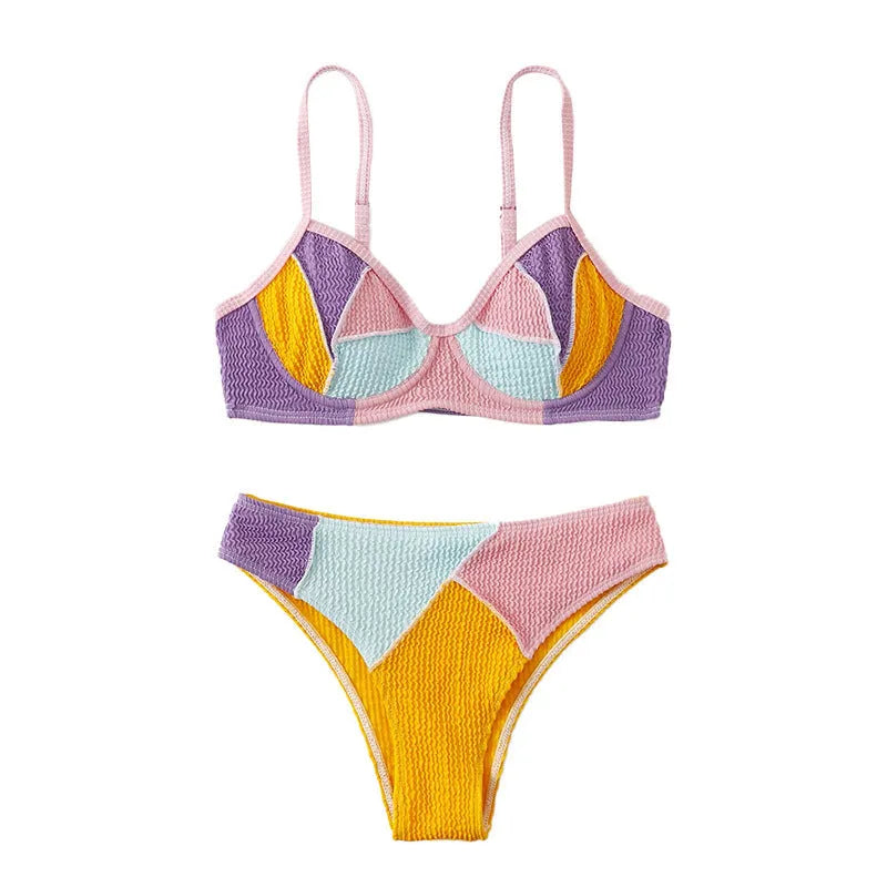 Ladies colour matching push up bikini set with steel bracket construction and high-waisted shorts