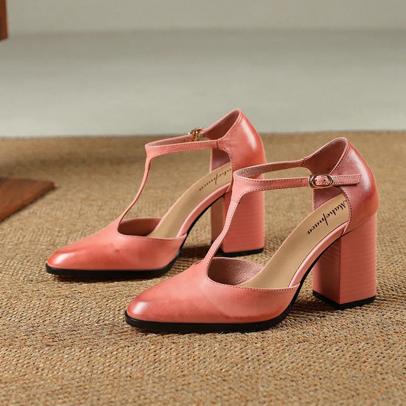 Women's retro pointed toe Mary Jane heels in dark brown with a buckle strap and hollow front design.