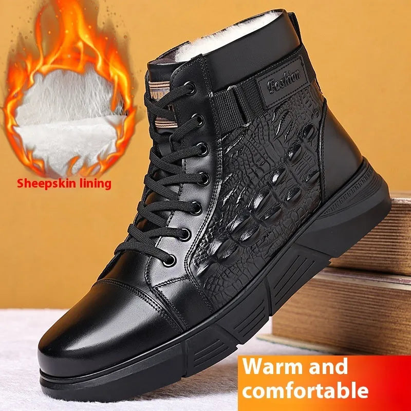 Men's black leather snow boots with fur lining, rubber sole, and lace-up front.