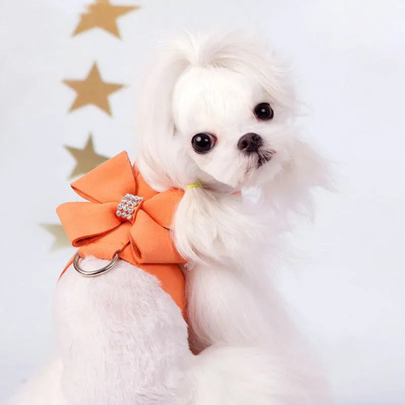 Bowknot dog chest strap harness in pink, blue, or orange colours with microfiber material and S/M/L/XL sizing