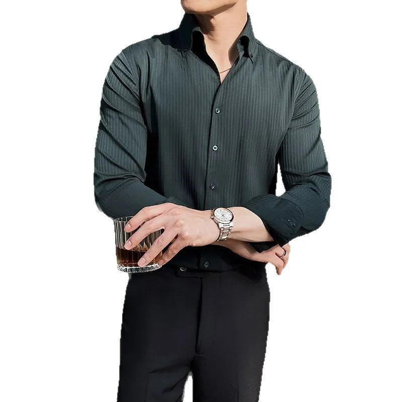 Men's dark striped V-neck long sleeve shirt in polyester blend fabric