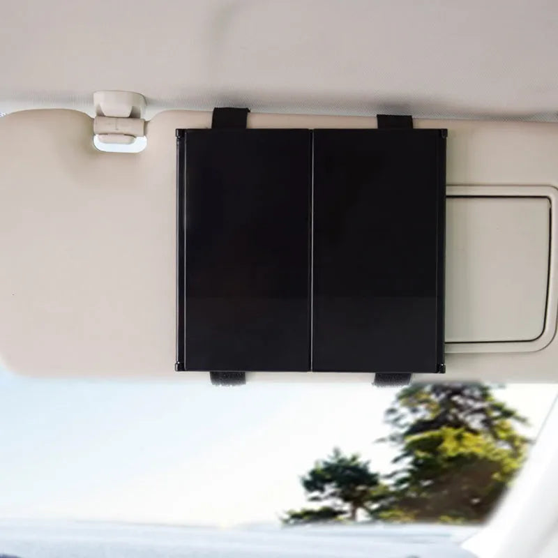 Silver folding car visor makeup mirror shown both open and closed.