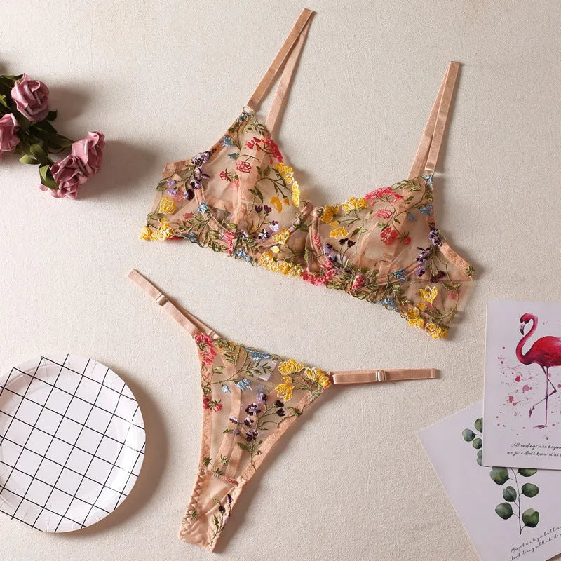 Floral mesh bra with steel ring T-back traditional underwear suit in multiple colours