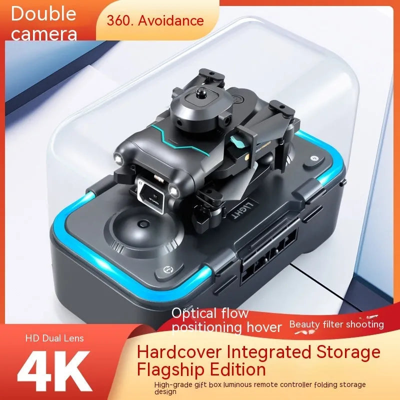 Black four-axis aerial drone with propellers and dual camera system on a compact plastic body.