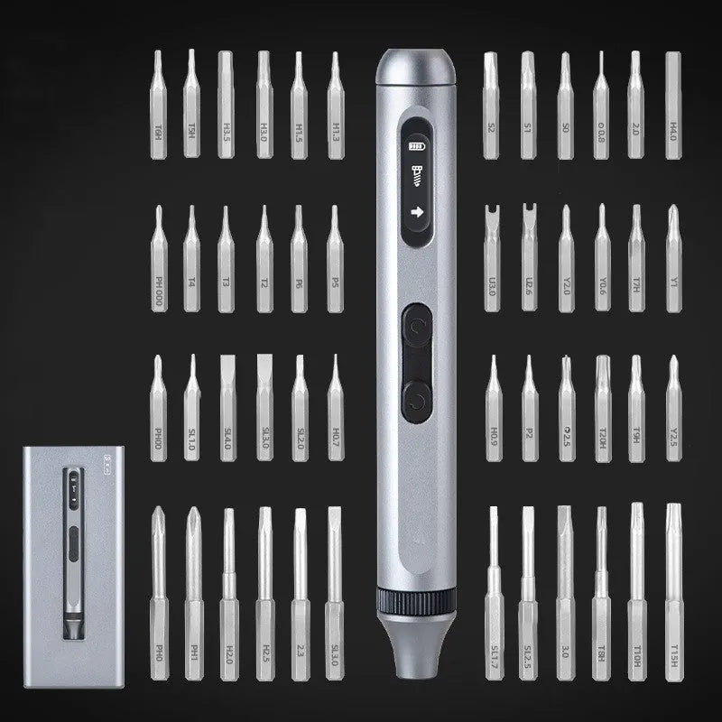Precision cordless electric screwdriver with aluminium alloy handle, shown with battery and torque specifications.