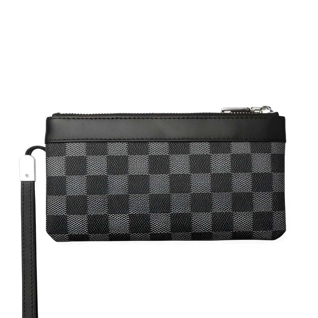 Black men's leather clutch wallet showing cowhide texture and 20x10cm dimensions
