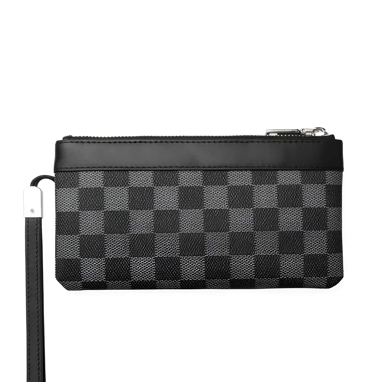 Black men's leather clutch wallet showing cowhide texture and 20x10cm dimensions