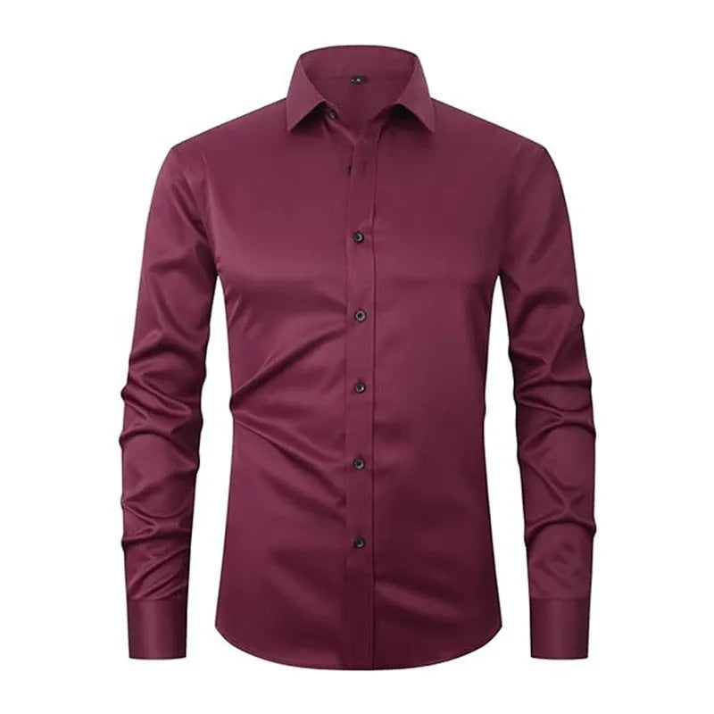 Men's polyester stretch long sleeve work shirt shown in multiple colour options with size chart